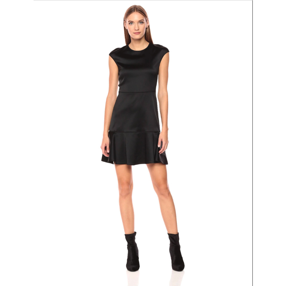 THEORY Essential Flare Crewneck A-Line Satin Dress Black Size 10
